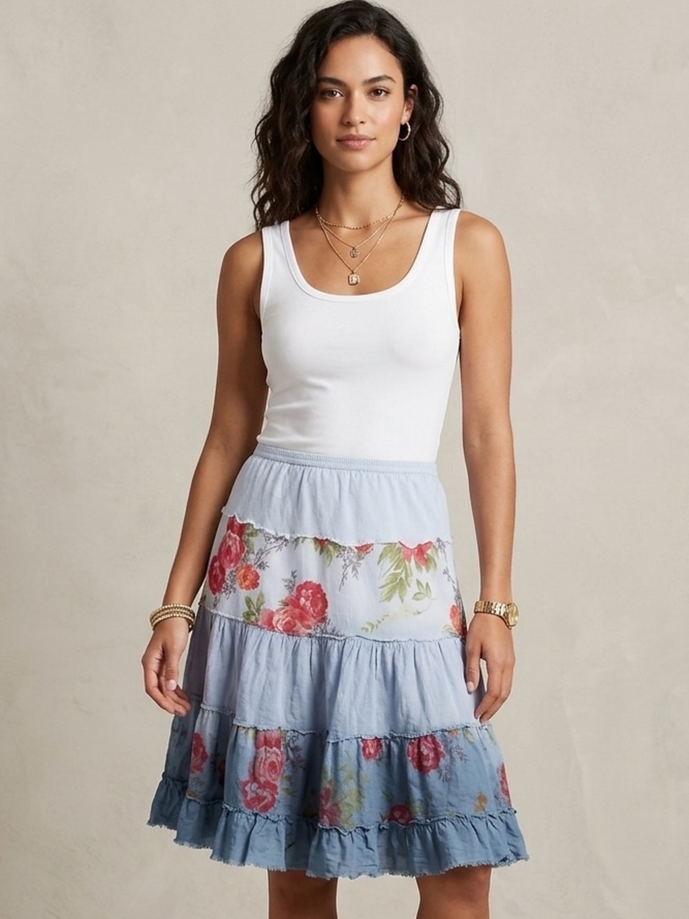 JL Light Blue Floral Tiered Skater Skirt with Pink Rose Print size small